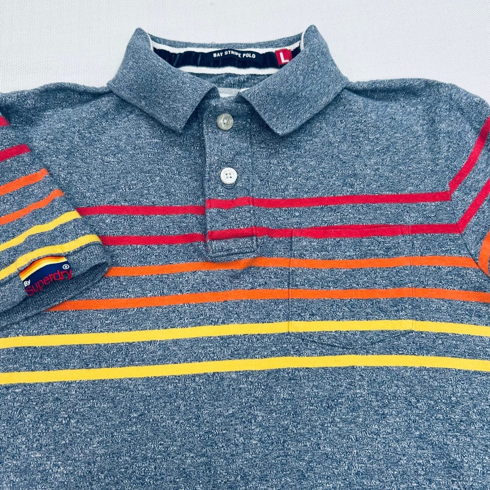 Superdry Super Sunrise Bay Stripe Polo Shirt Mens L Red Orange Yellow Colorblock